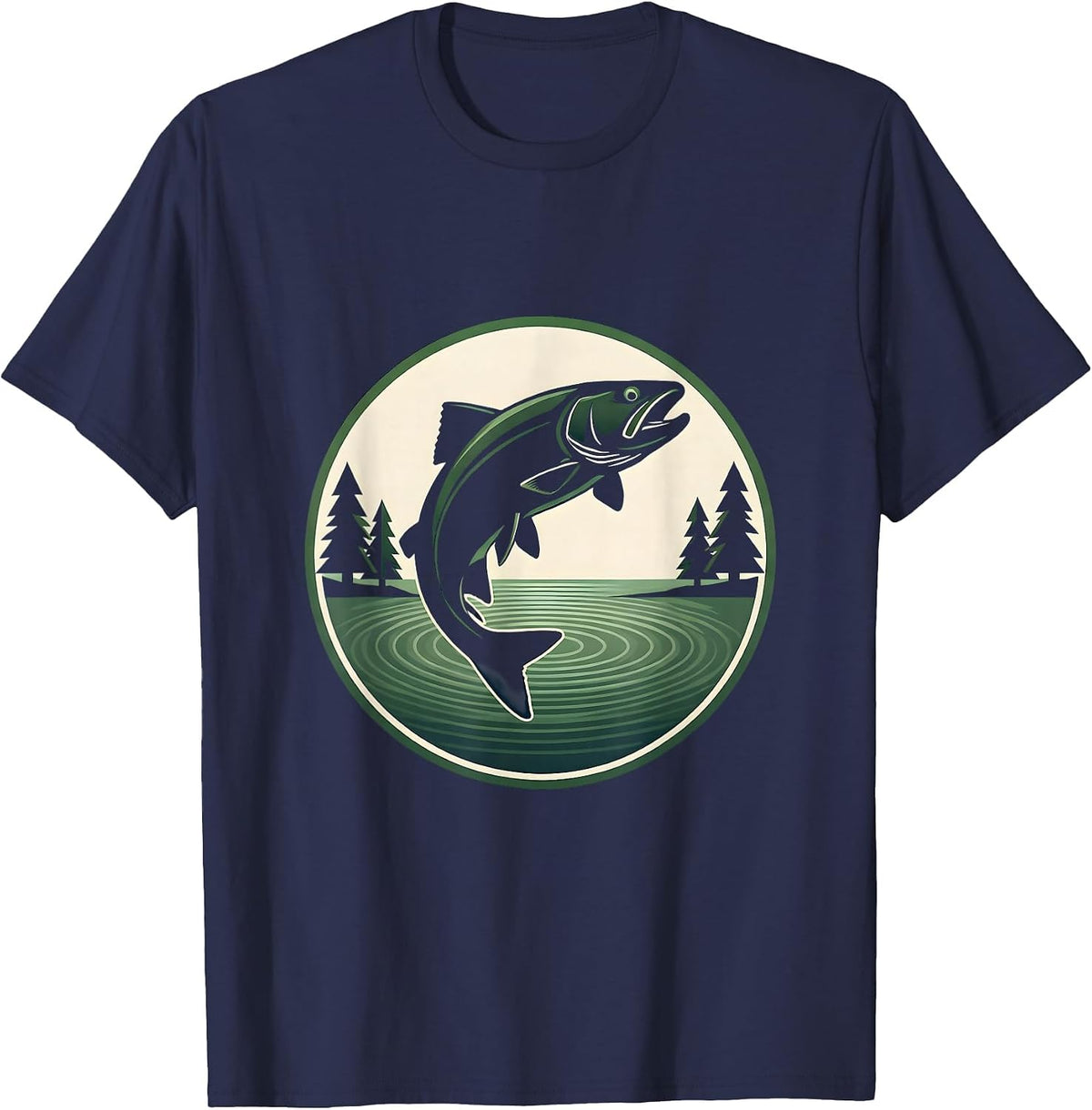 Trout Jump Pine Trees Fishing Illustration T-Shirt - Navy Blue