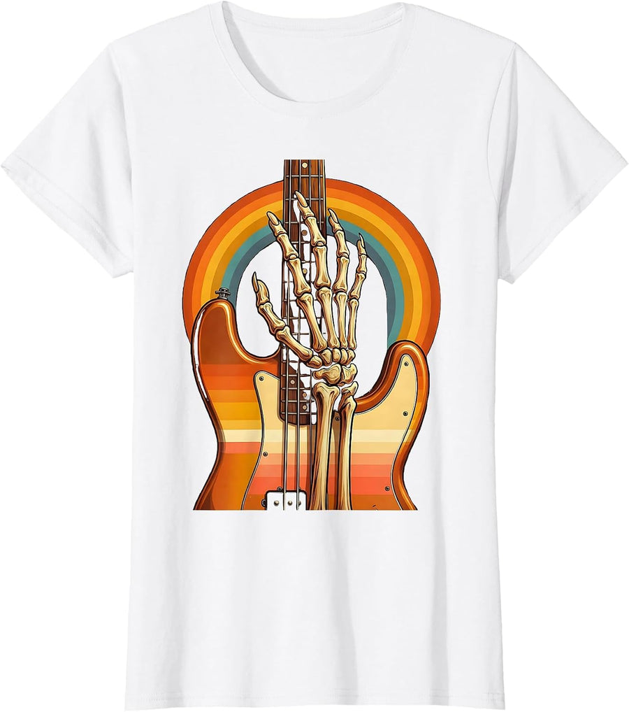Women's Skeleton Bass Player Graphic Tee T-Shirt - White
