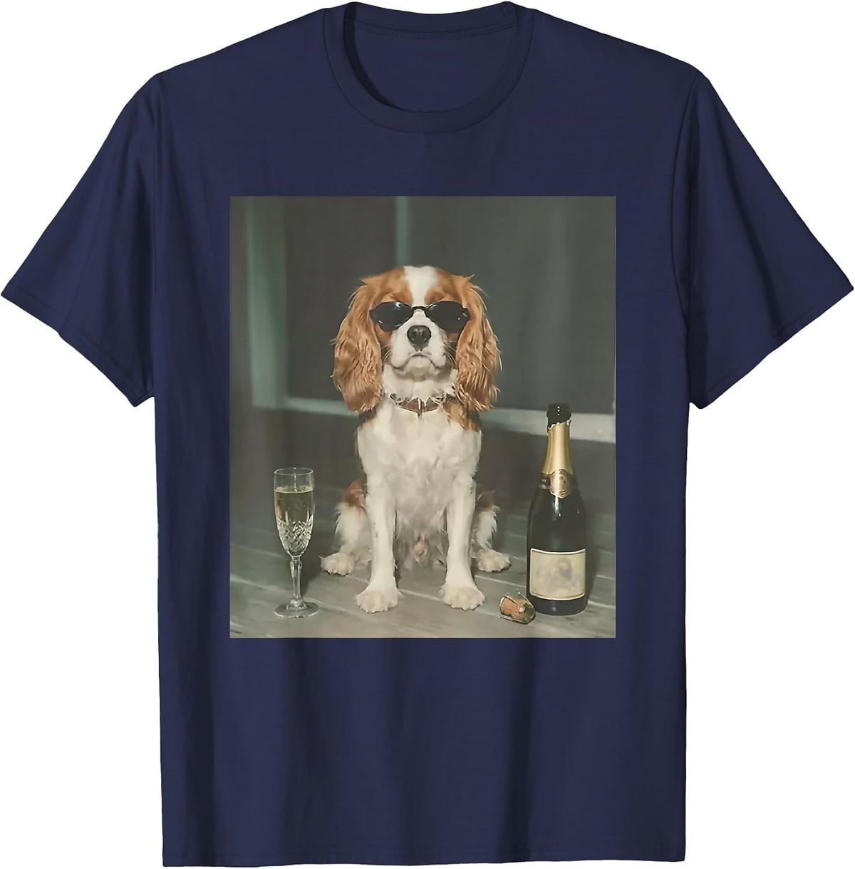 Cavalier King Charles Drinking Champagne T-Shirt - Navy Blue