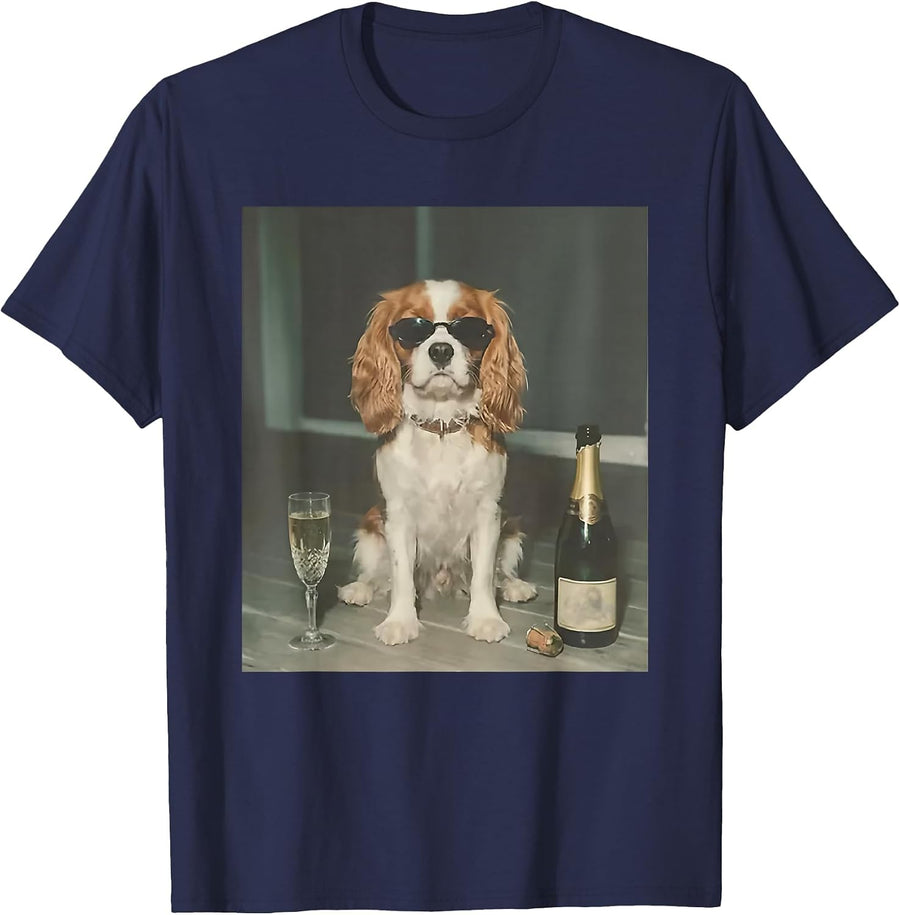 Cavalier King Charles Drinking Champagne T-Shirt - Navy Blue