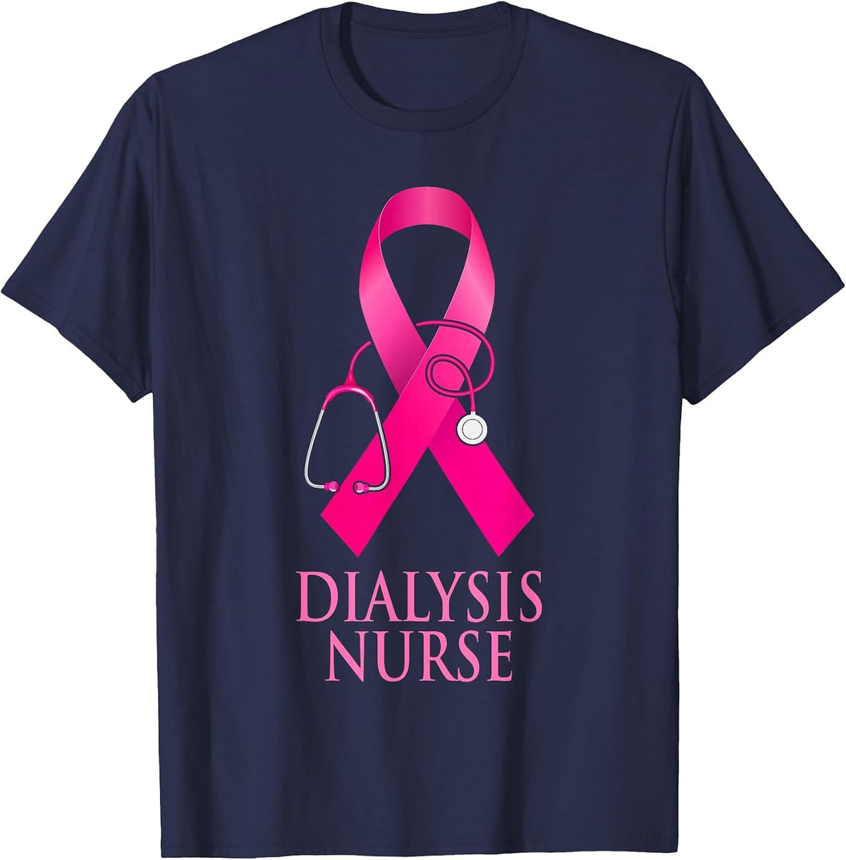 Dialysis Nurse Stethoscope Heart Pink Ribbon Breast Cancer T-Shirt - Navy Blue