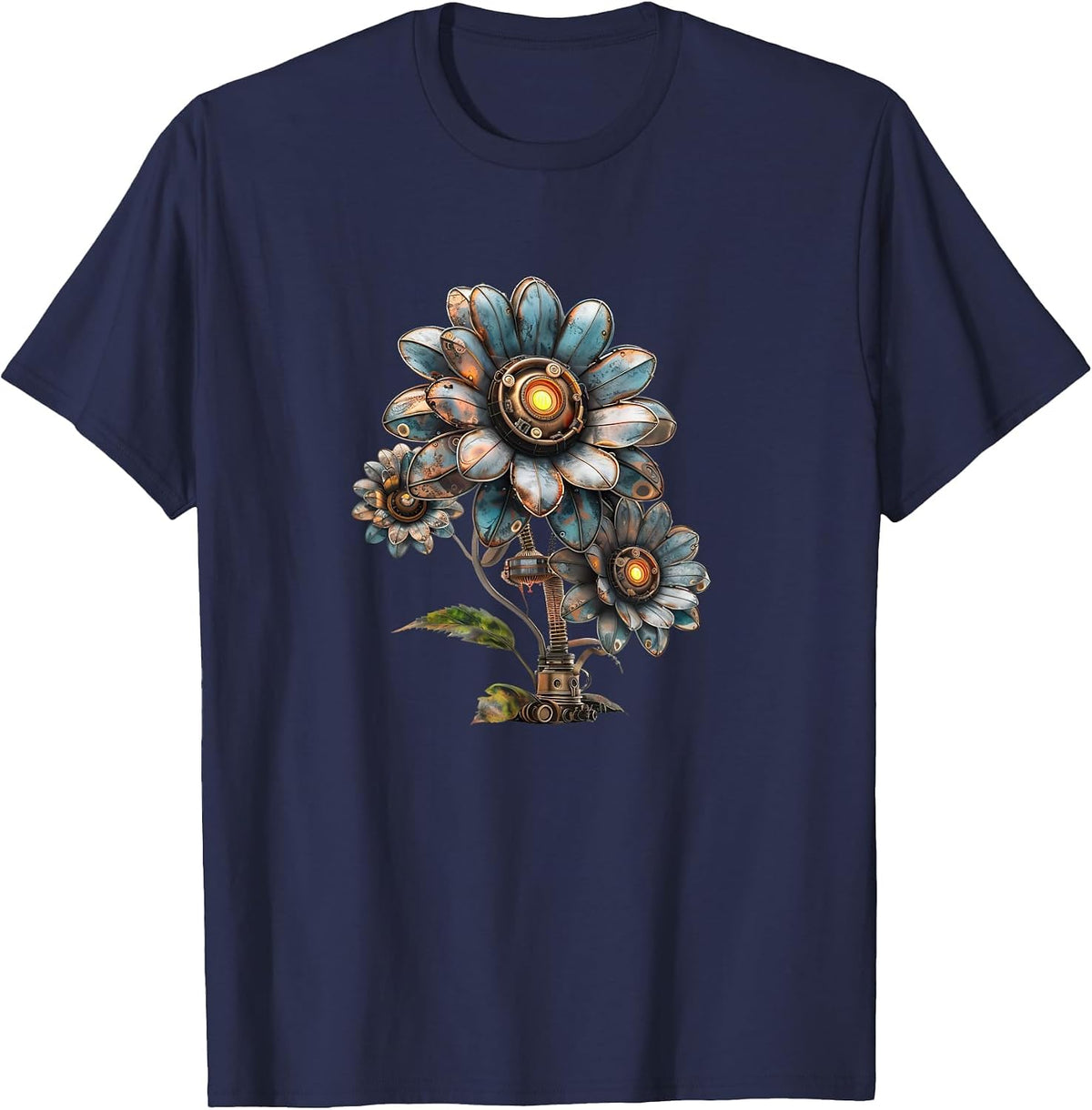 Steampunk Flowers Vintage Art Men Women Kids Retro Flower T-Shirt - Navy Blue