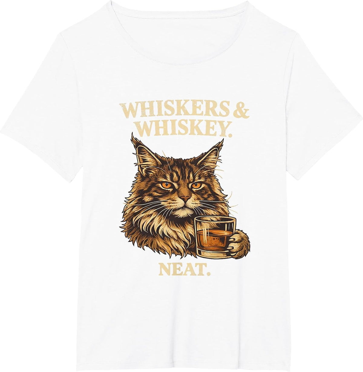 Funny Whiskers and Whiskey Neat Cat Lover Bourbon Drinker T-Shirt - White