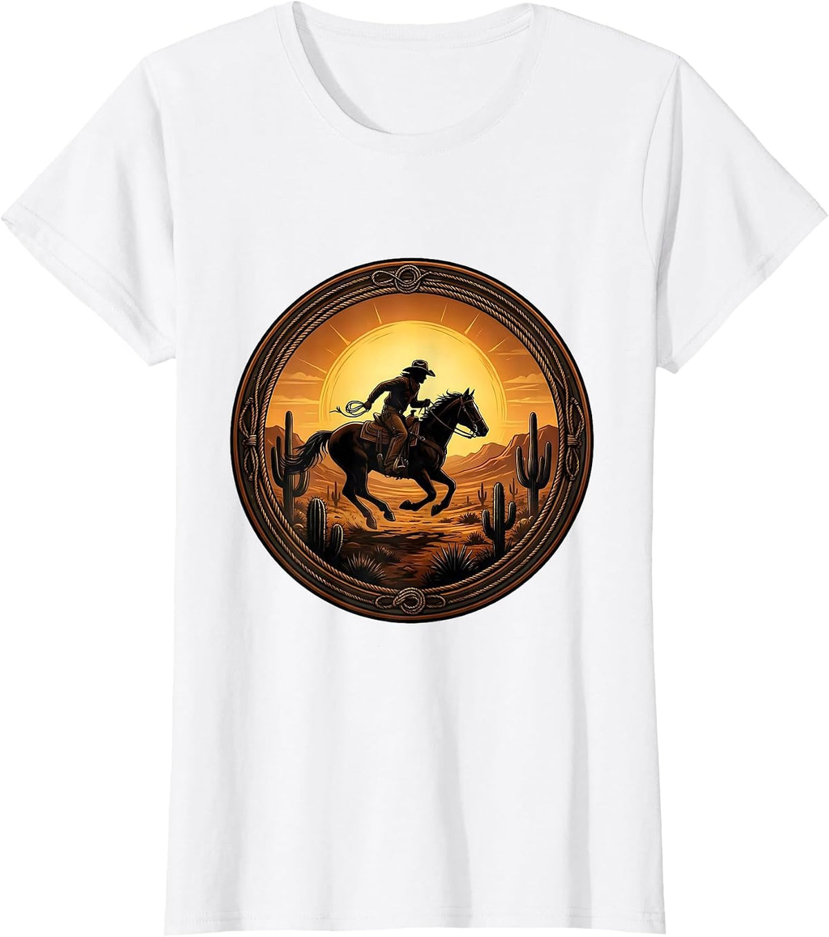 Women's Cowboy Riding Horse at Sunset Graphic T-Shirt - White
