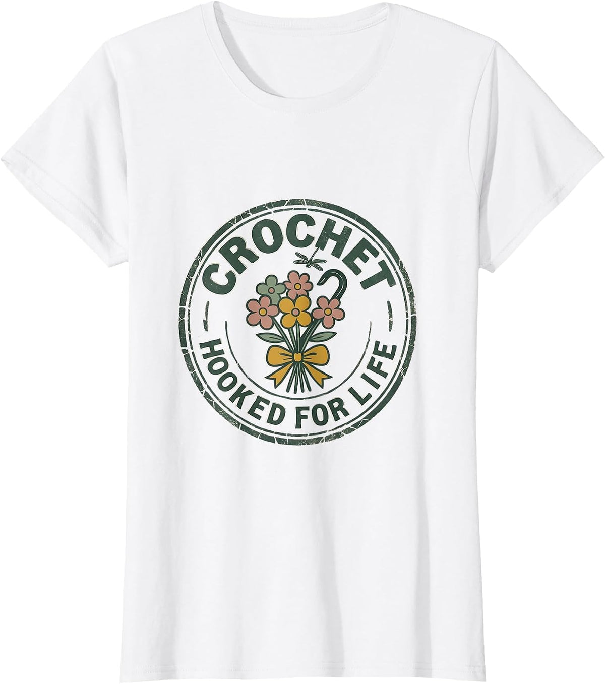 Crochet Hooked For Life Floral Boho Design T-Shirt - White