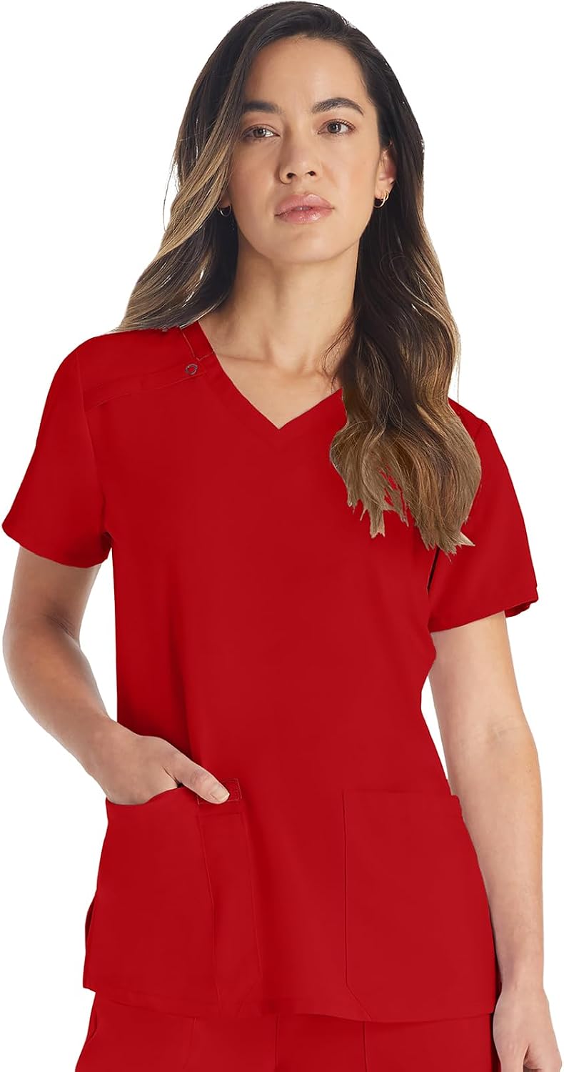 Dickies EDS Essentials Women's Scrub Top V-Neck Medical Shirt 2 Pockets - Red