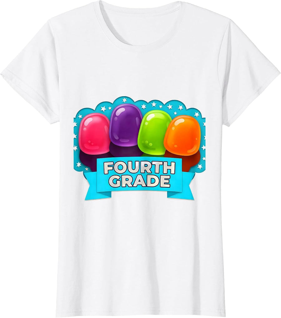 Women's FOURTH GRADE Cute Gummy Jelly Pop Back To School First Day T-Shirt - White
