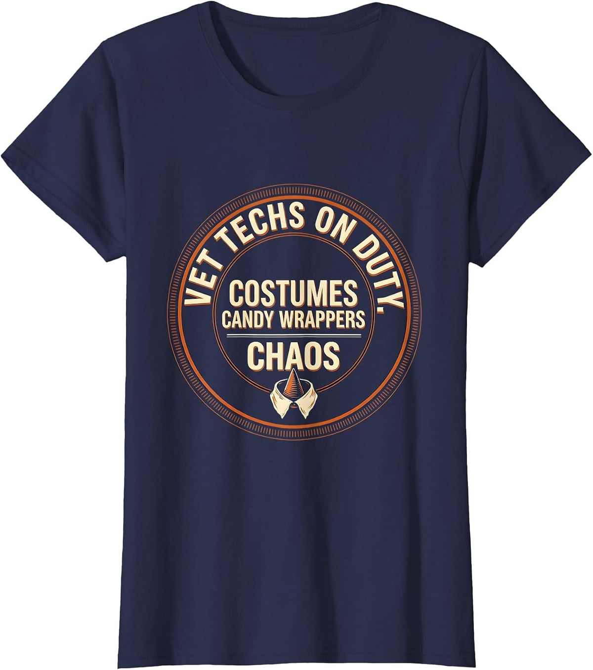 Women's Vet Techs On Duty: Costumes, Candy Wrappers, Chaos Humor T-Shirt - Navy Blue