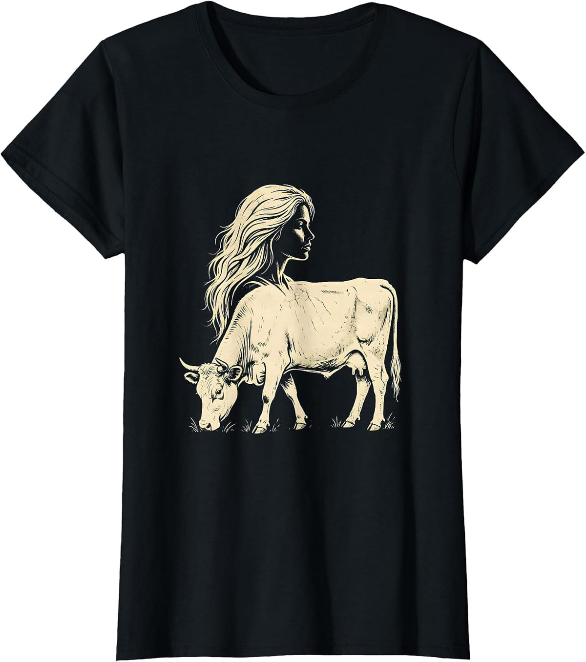Cow Spirit Portrait Graphic Tee Silhouette Design T-Shirt - Black