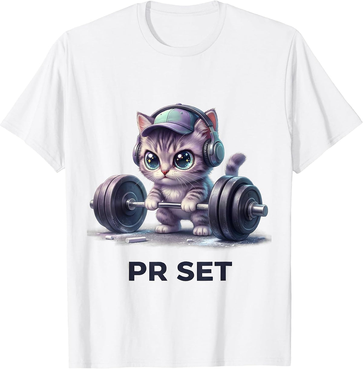 Men's PR Set Cute Kawaii Cat Weightlifting Gym Humor T-Shirt - White