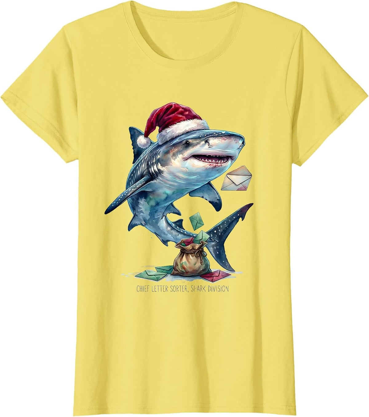 Chief Letter Sorter, Shark Division Watercolor Santa Shark T-Shirt - Lemon Yellow
