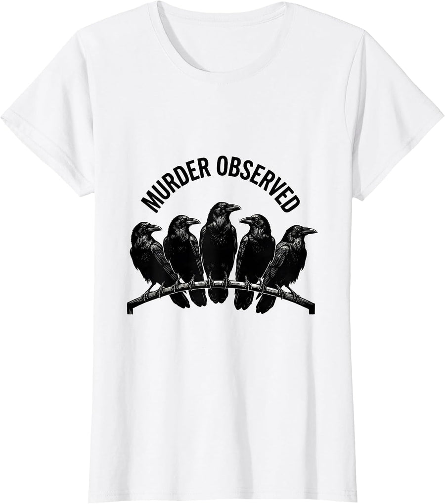 Women's Murder Observed Linocut Crow Raven Dark Humor Gothic Bird T-Shirt - White