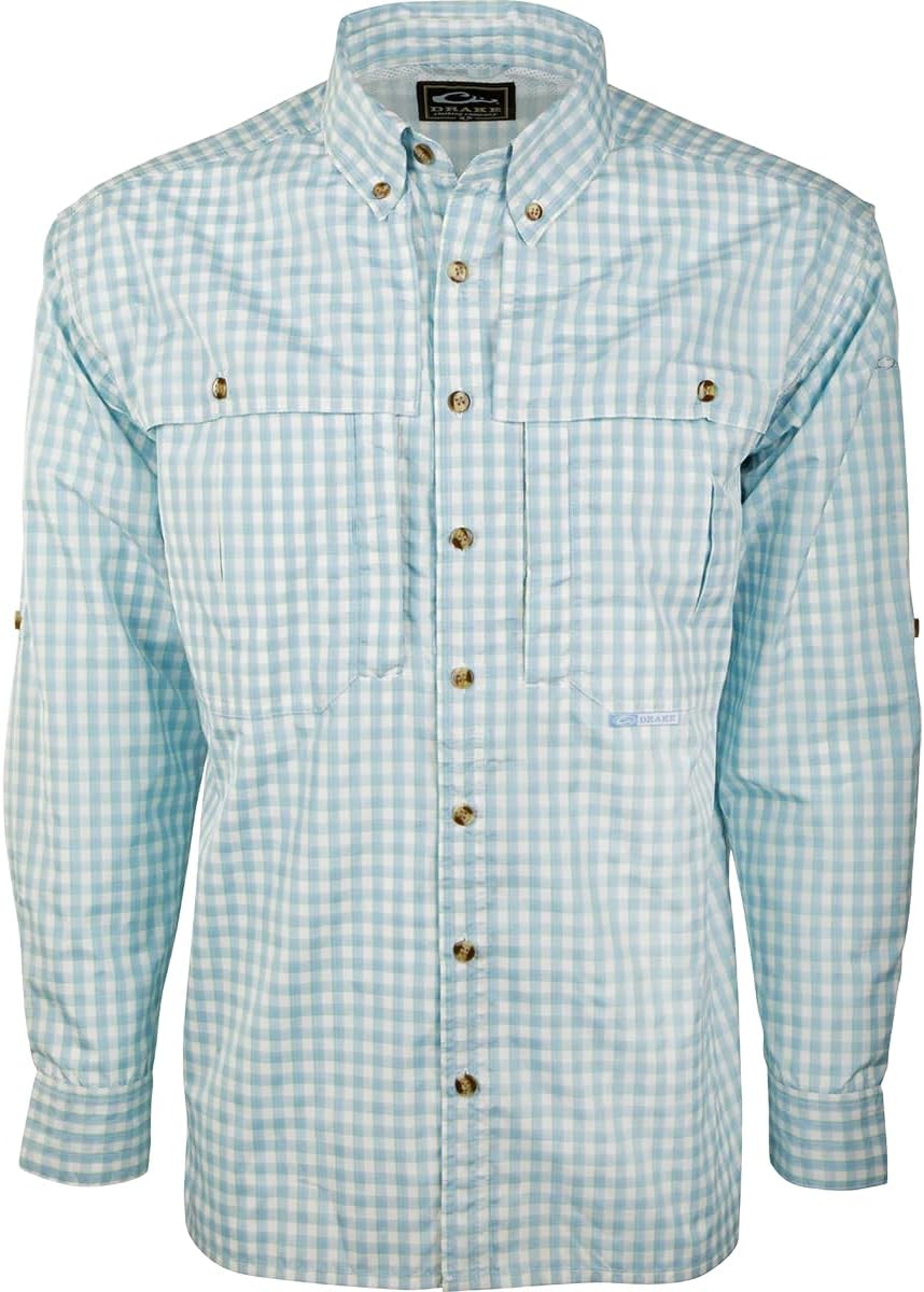 DRAKE Waterfowl Men's FeatherLite Plaid Wingshooter's Quick-Drying Moisture-Wicking Long Sleeve Shirt - Marina Blue Plaid