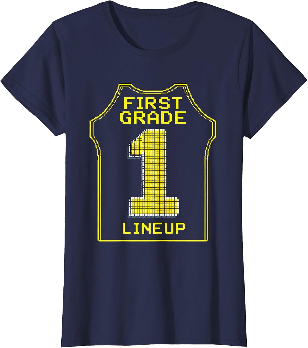 Women's Team 1 First Grade Lineup Pixel Art Kids School Spirit T-Shirt - Navy Blue