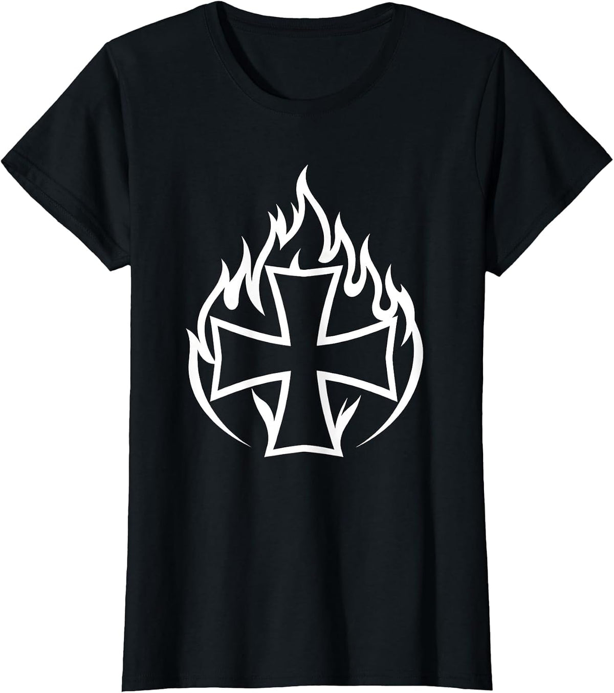 Women's Firefighter Maltese Cross Flames Badge Graphic T-Shirt - Black