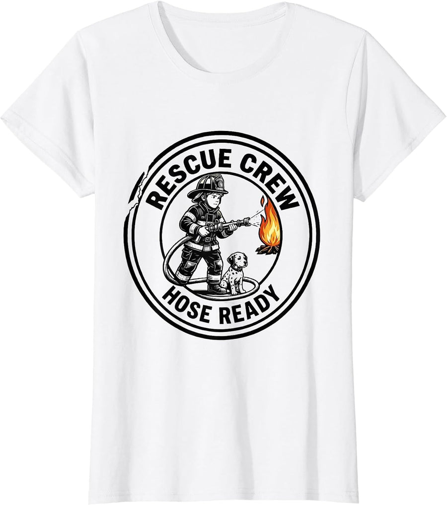 Women's Rescue Crew Hose Ready Line Art Toddler Firefighter Birthday T-Shirt - White