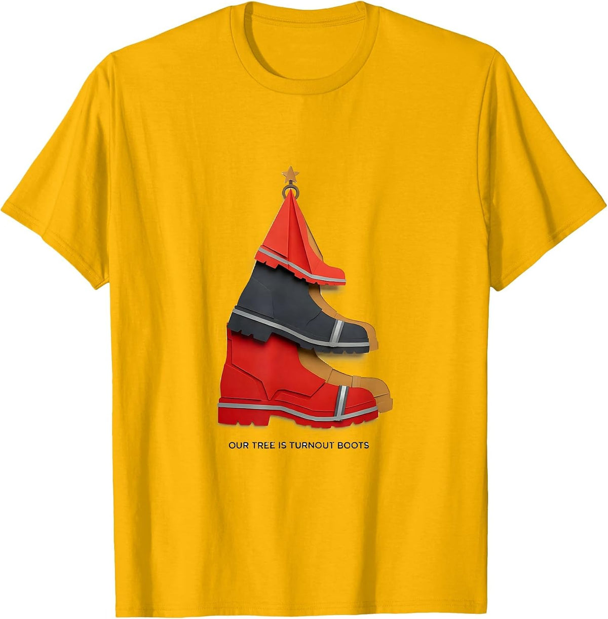 Our Tree Is Turnout Boots Funny Firefighter Tribute T-Shirt - Golden Yellow