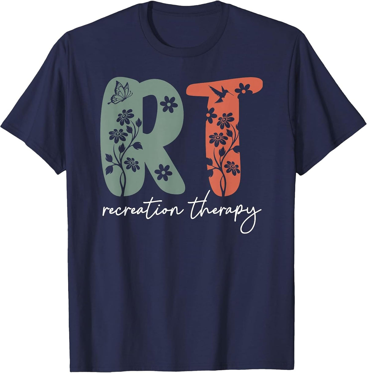 Retro Floral RT Recreation Therapy Recreational Therapist T-Shirt - Navy Blue