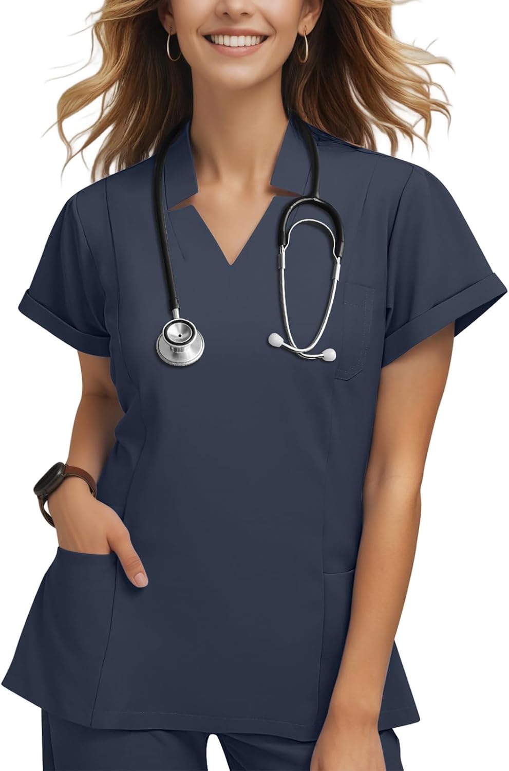Women's Collared V-Neck Scrub Top, Short Sleeve Stretch Medical Uniform - Charcoal Grey