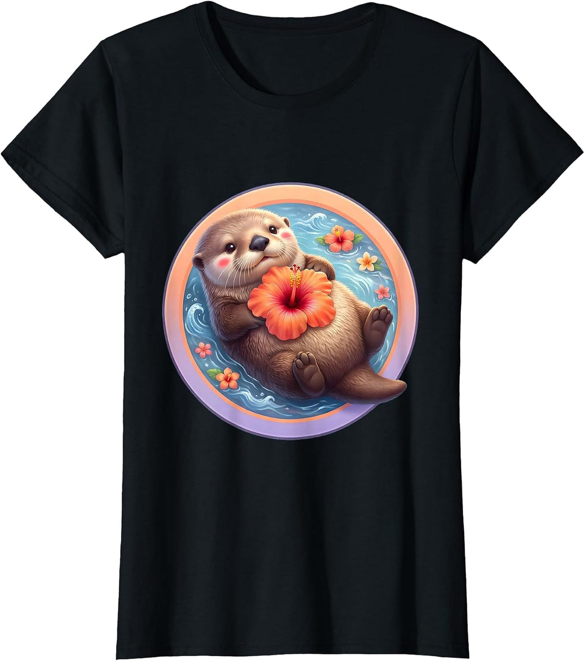 Hawaiian Sea Otter Floating With Flower Illustration T-Shirt - Black