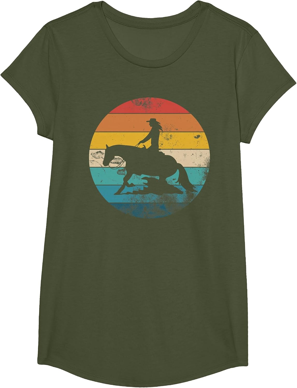 Western Rider Reining Quarter Horse Sliding Stop T-Shirt - Girls Olive Green