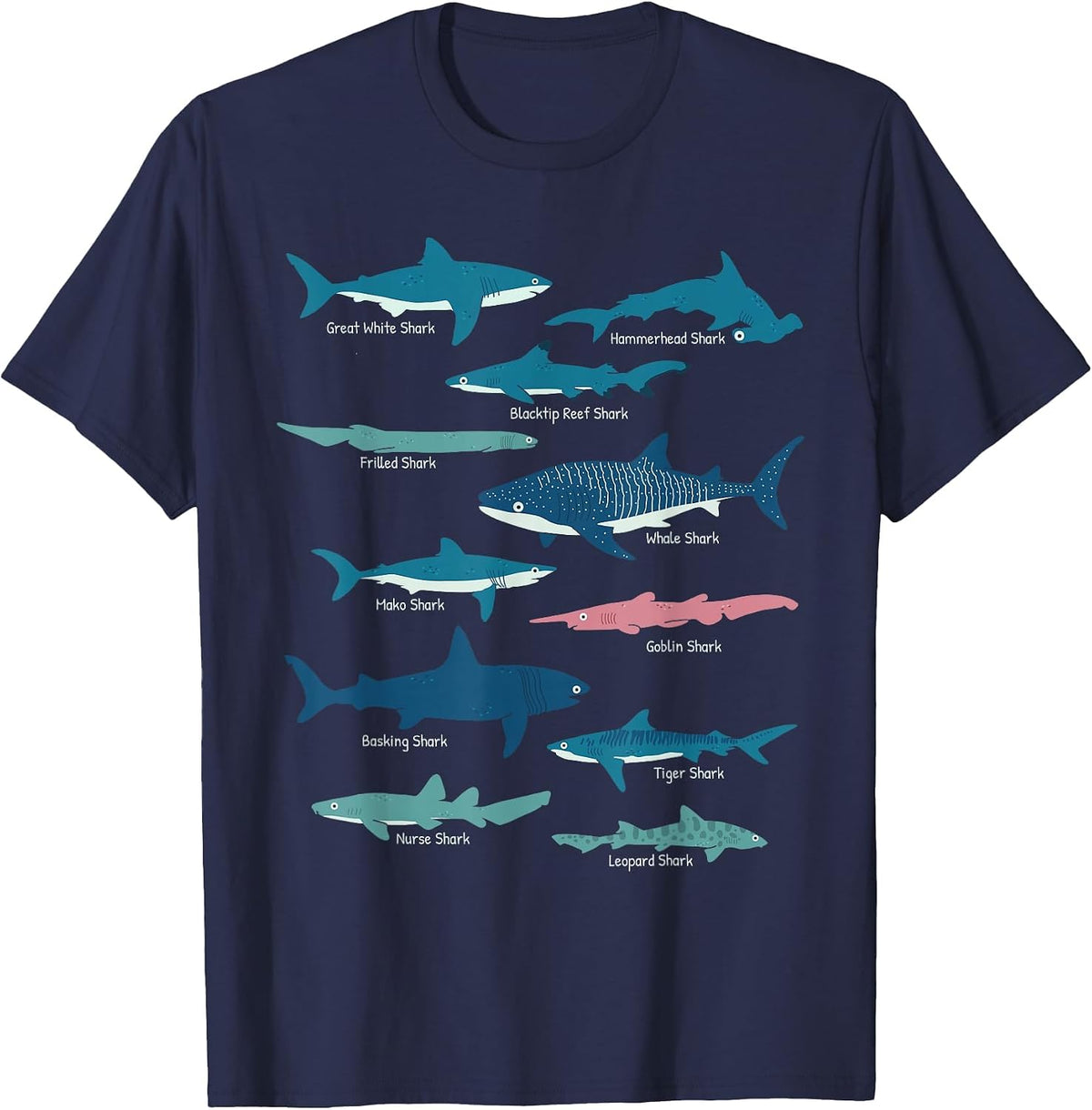 Types of Sharks Educational Collection Marine Biologists T-Shirt - Navy Blue