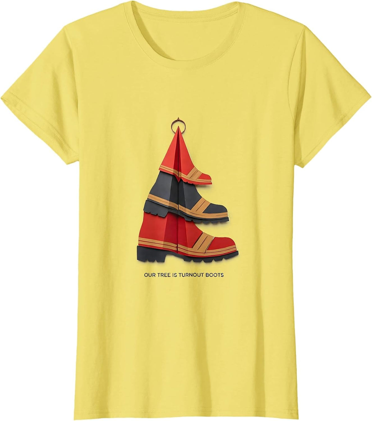 Women's Our Tree Is Turnout Boots Funny Firefighter Tribute T-Shirt - Lemon Yellow