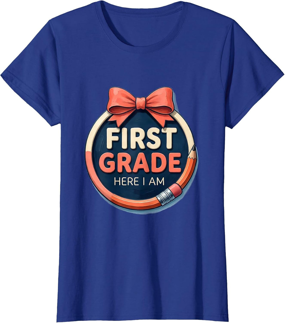Women's First Grade Here I Am Cute Coquette Bow Back to School T-Shirt - Royal Blue