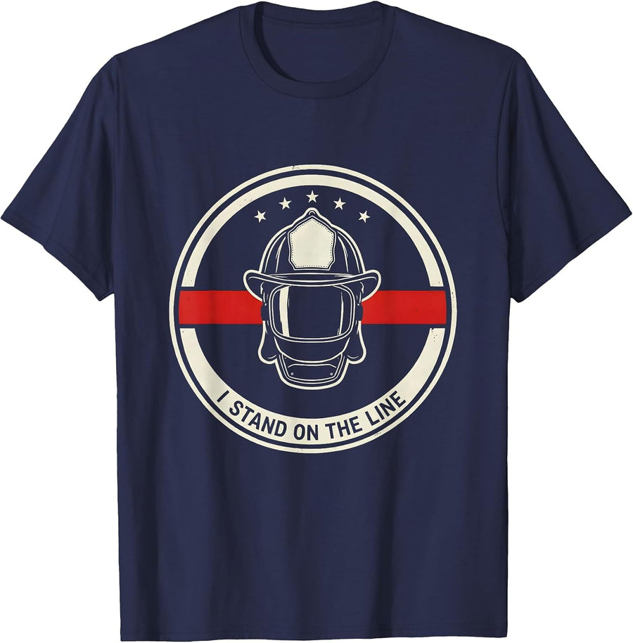 I Stand On The Line Firefighter Pride Emblem Thin Red Line T-Shirt - Navy Blue