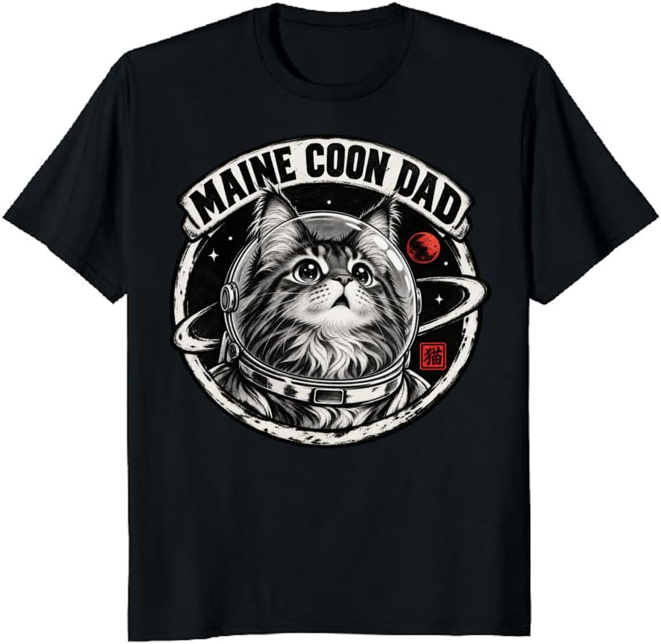 Maine Coon Dad T-Shirt Retro Campsite Lantern Cat Graphic Tee - S4