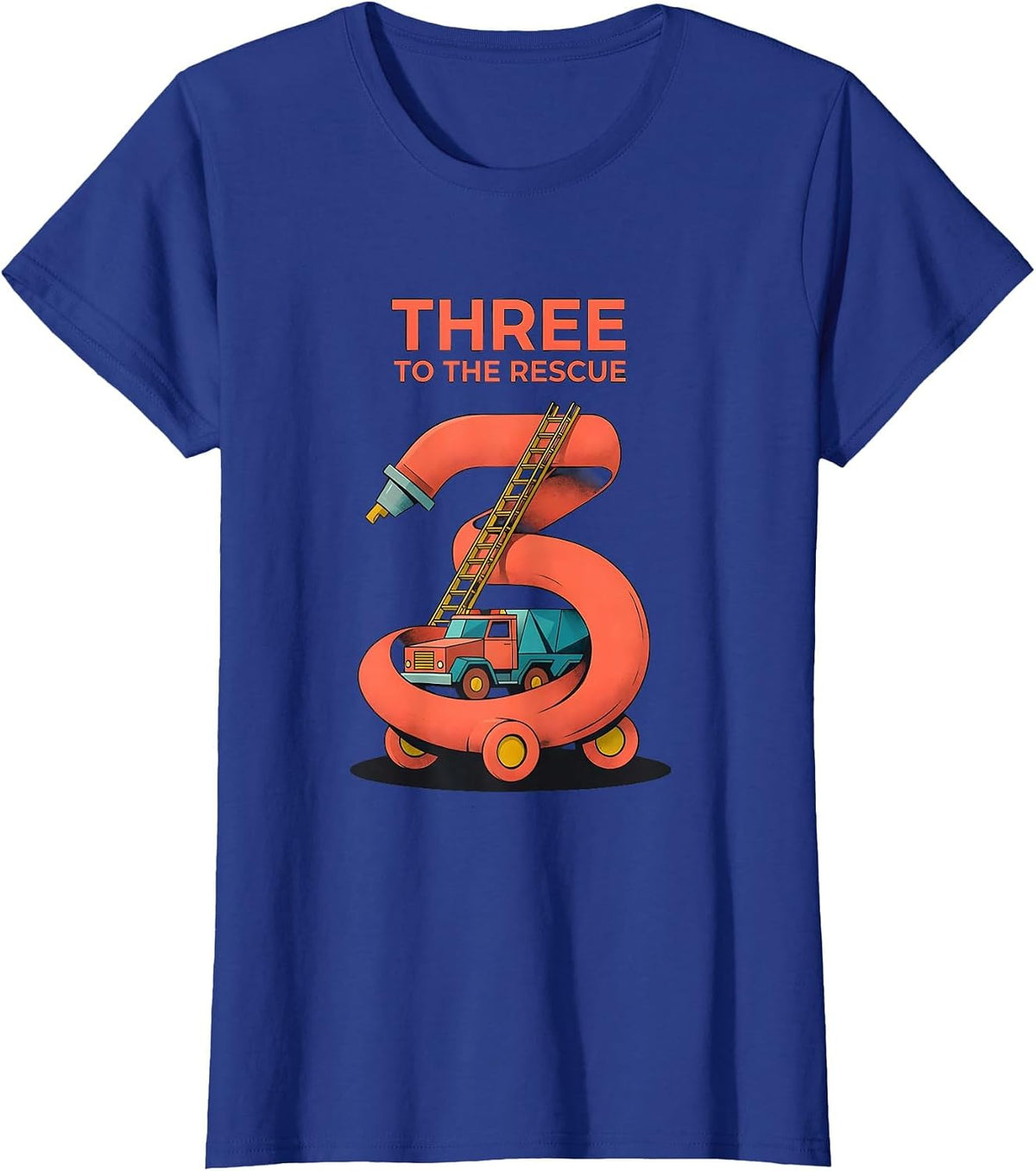 Women's Three To The Rescue Midcentury Modern Fire Truck Kid T-Shirt - Royal Blue