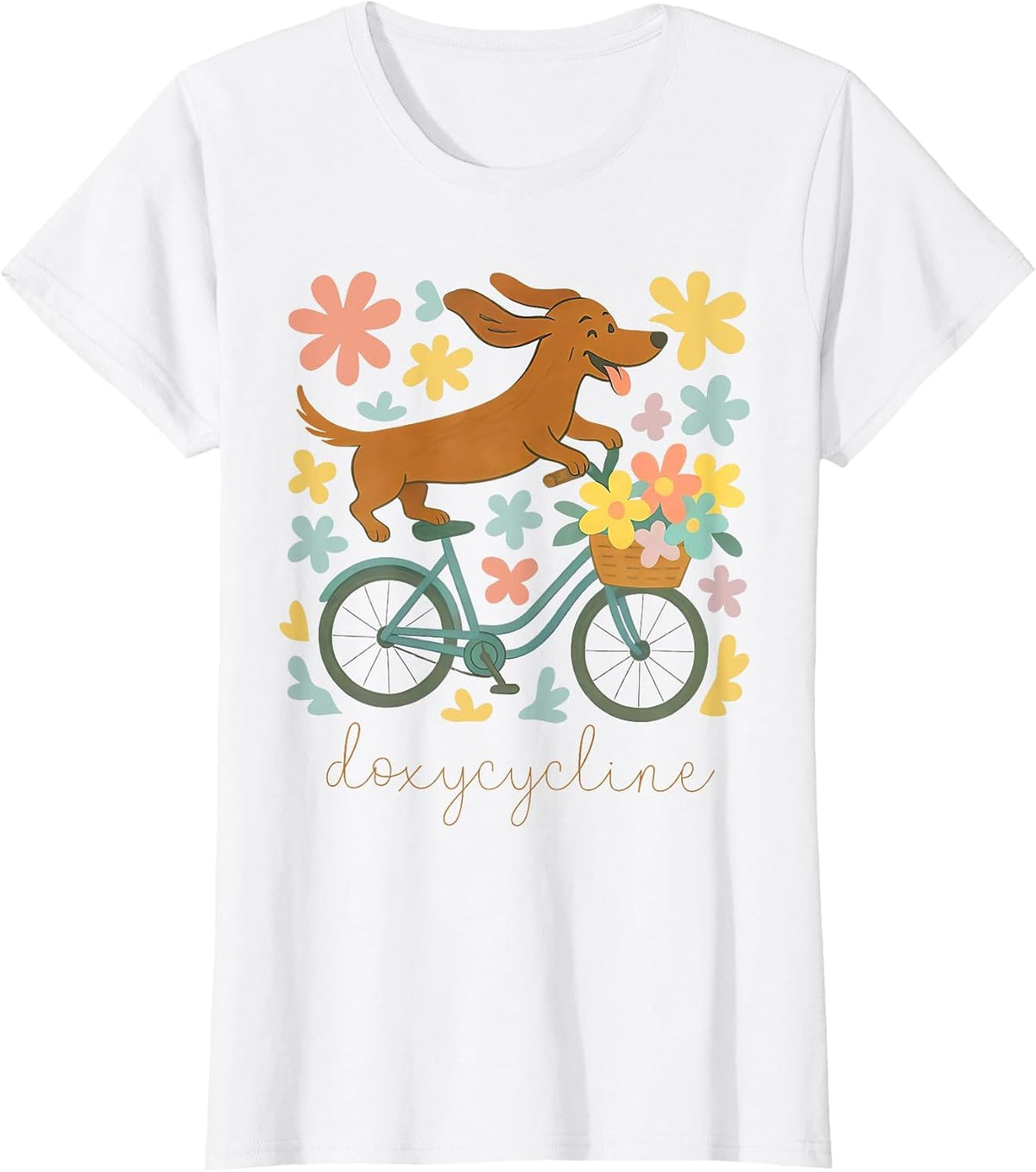 Doxycycline Pharmacy Pun Funny Dachshund on Bicycle Flower T-Shirt - White