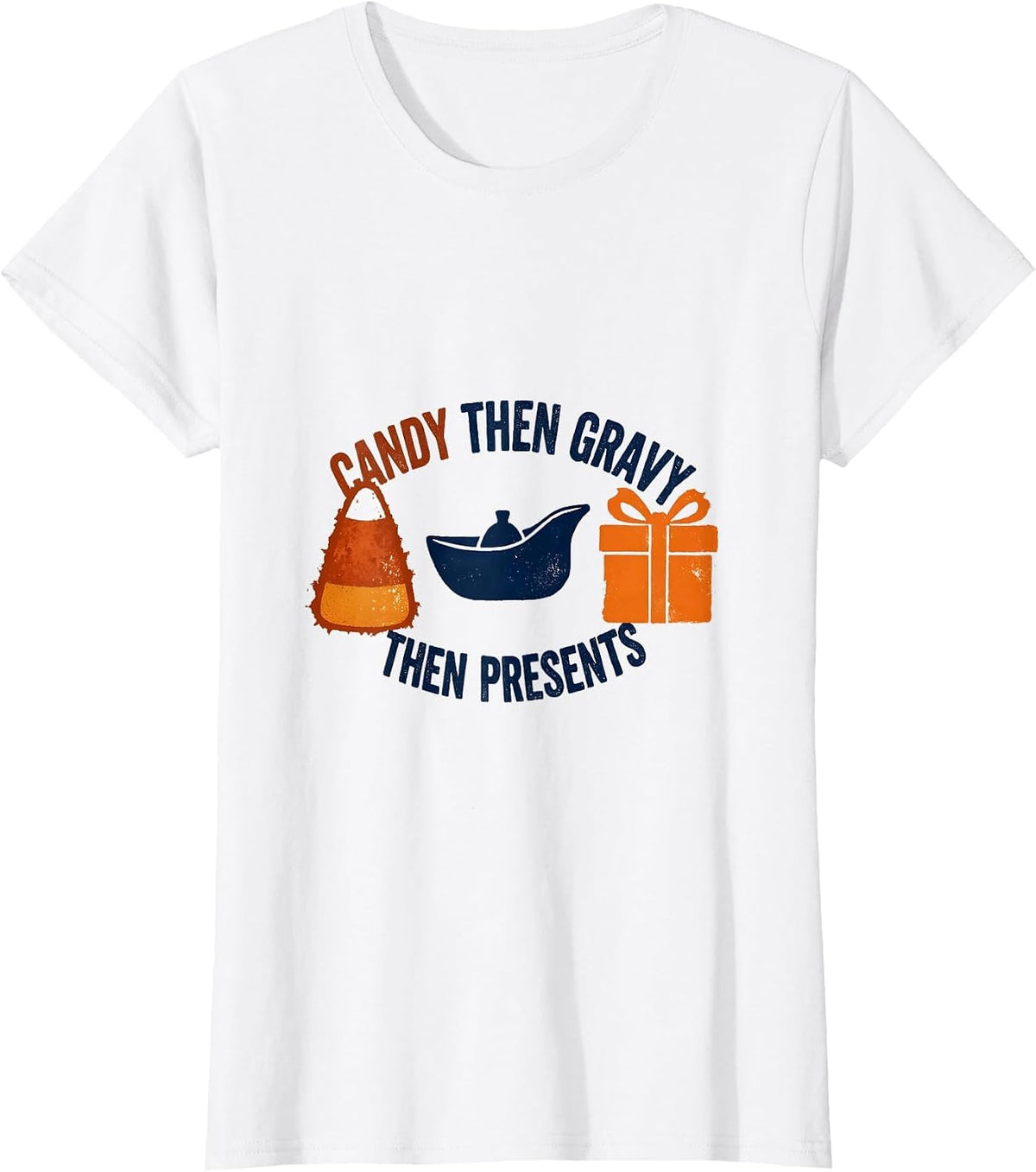 Women's Candy Then Gravy Then Presents Rubber Stamp Tri-Holiday T-Shirt - White