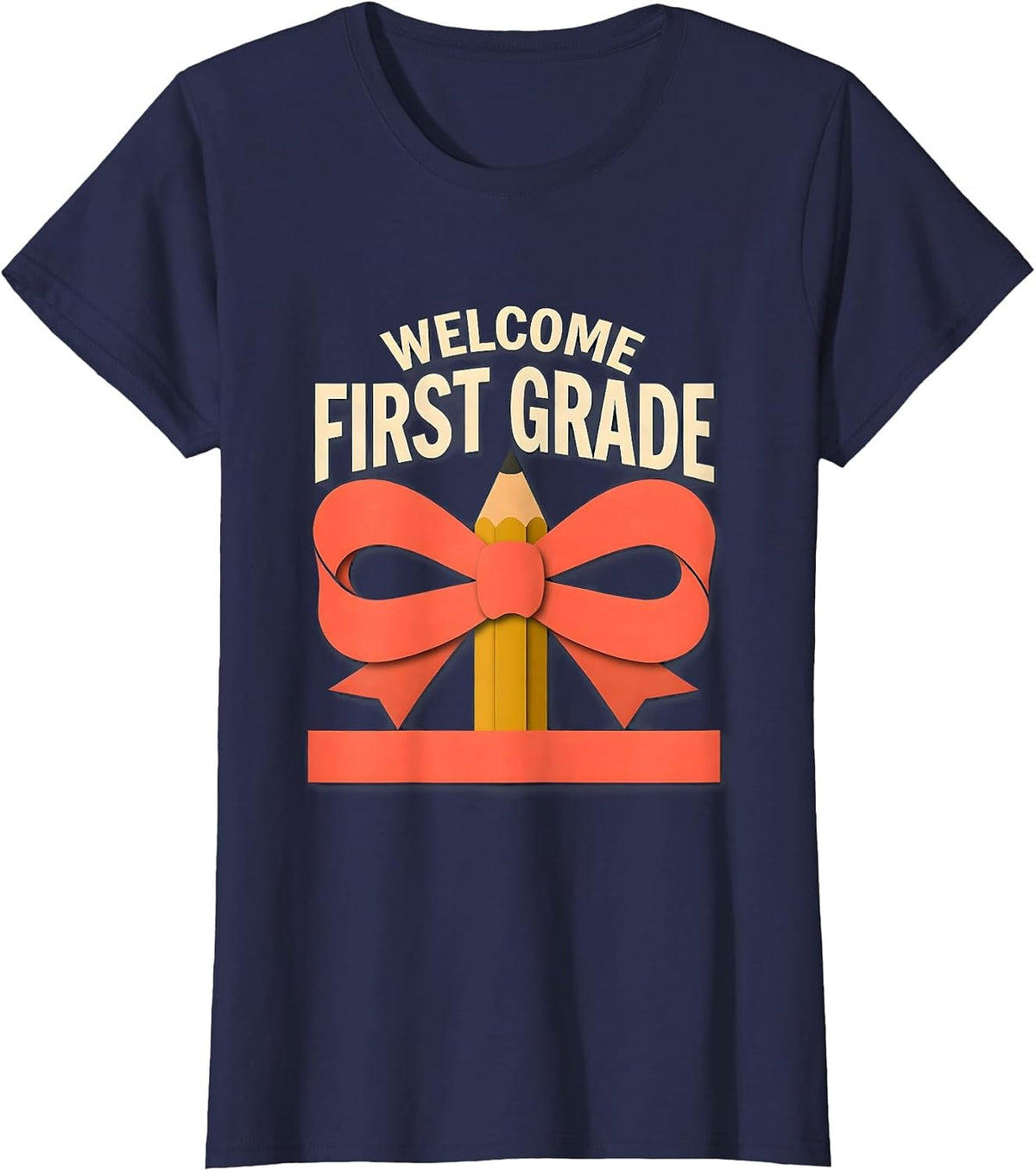 Women's Welcome, First Grade Cute Coquette Bow Back to School Pencil T-Shirt - Navy Blue