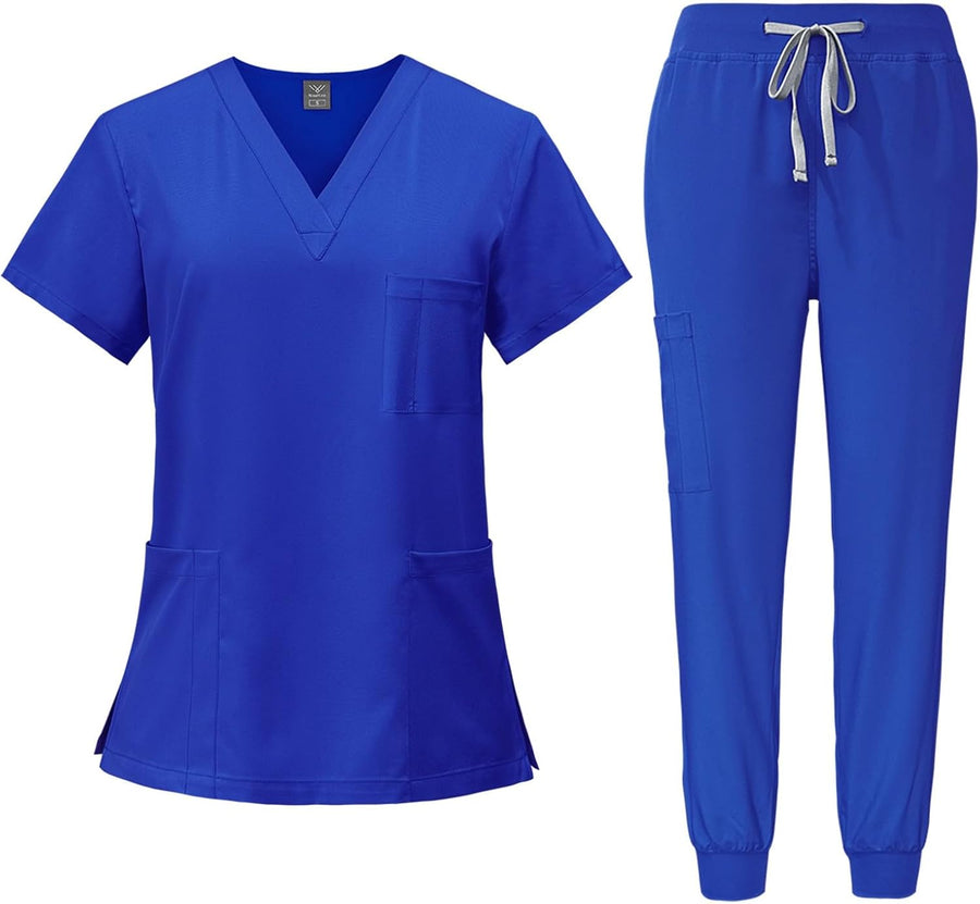 Scrubs for Women Set Stretch V-Neck Scrub Tops & Cargo Pant Quick Drying Solid Medical Nurse Uniform with Pockets - 01-royal