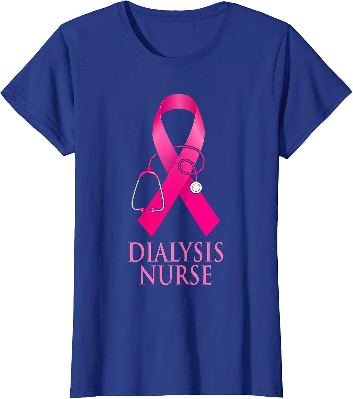 Dialysis Nurse Stethoscope Heart Pink Ribbon Breast Cancer T-Shirt - Royal Blue