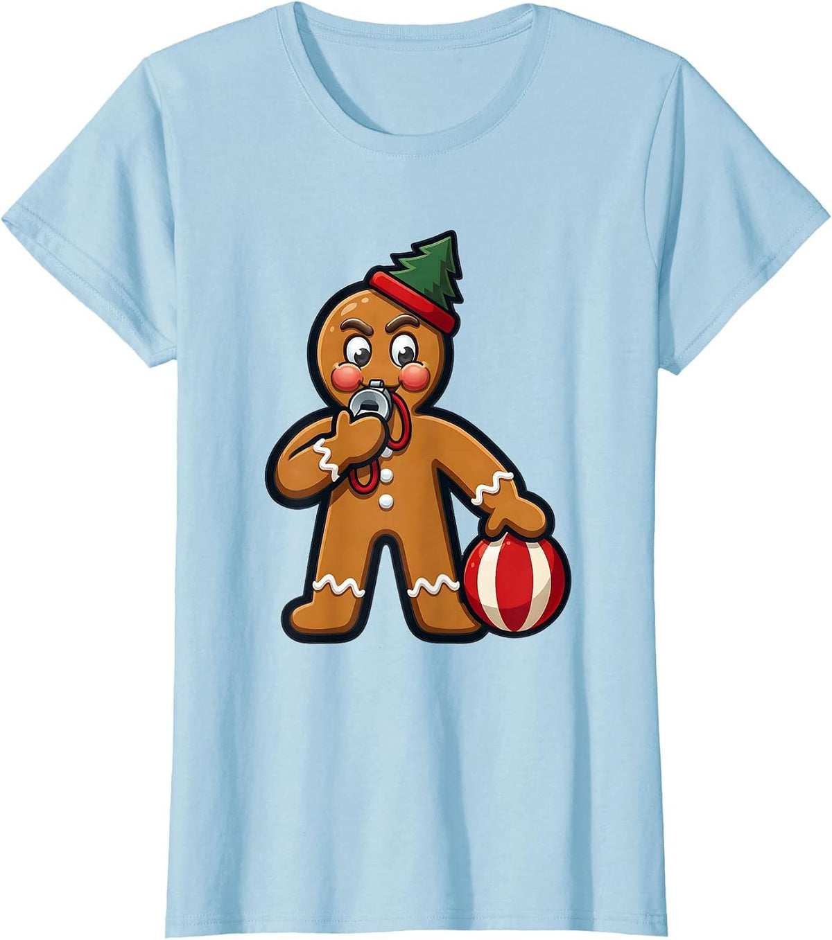 Gingerbread PE Teacher Mascot Cheerful Festive Holiday T-Shirt - Baby Blue
