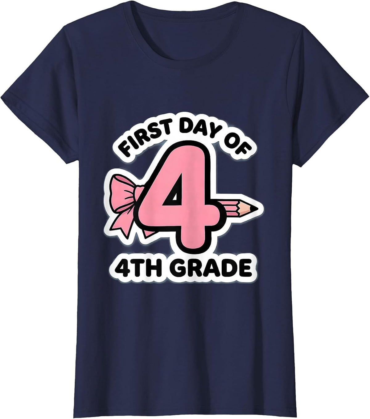 Women's First Day Of 4th Grade Coquette Bow Pencil Back To School T-Shirt - Navy Blue