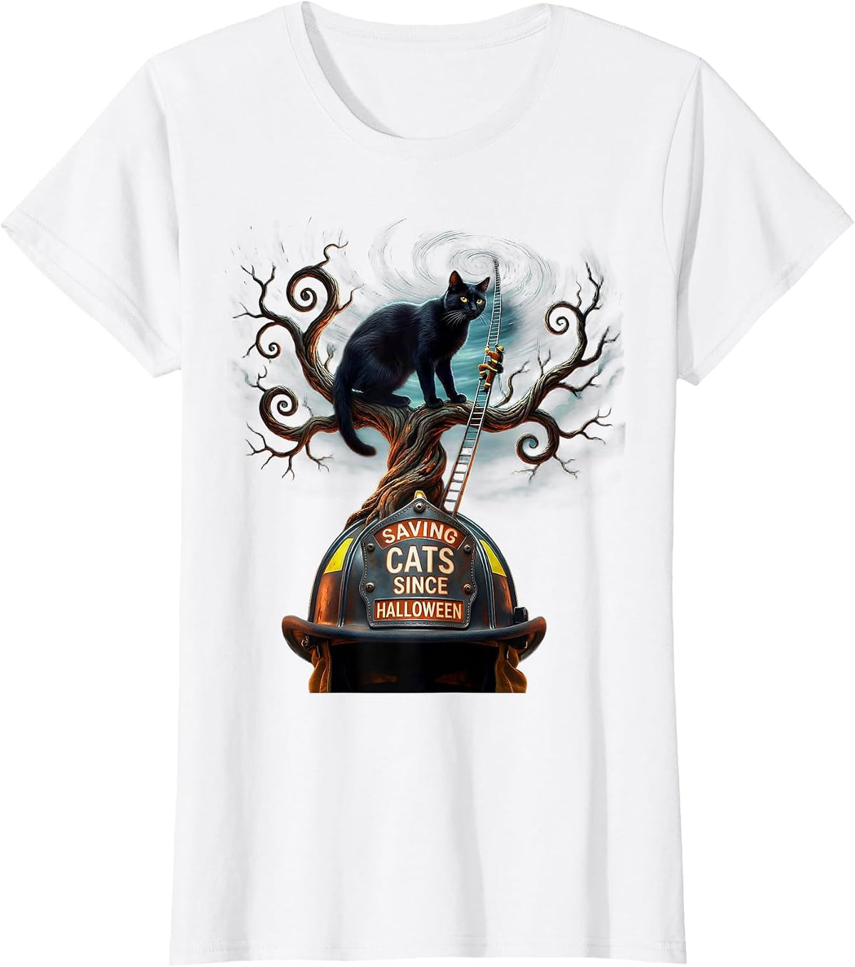 Halloween Firefighter Rescue Cat Design T-Shirt - White