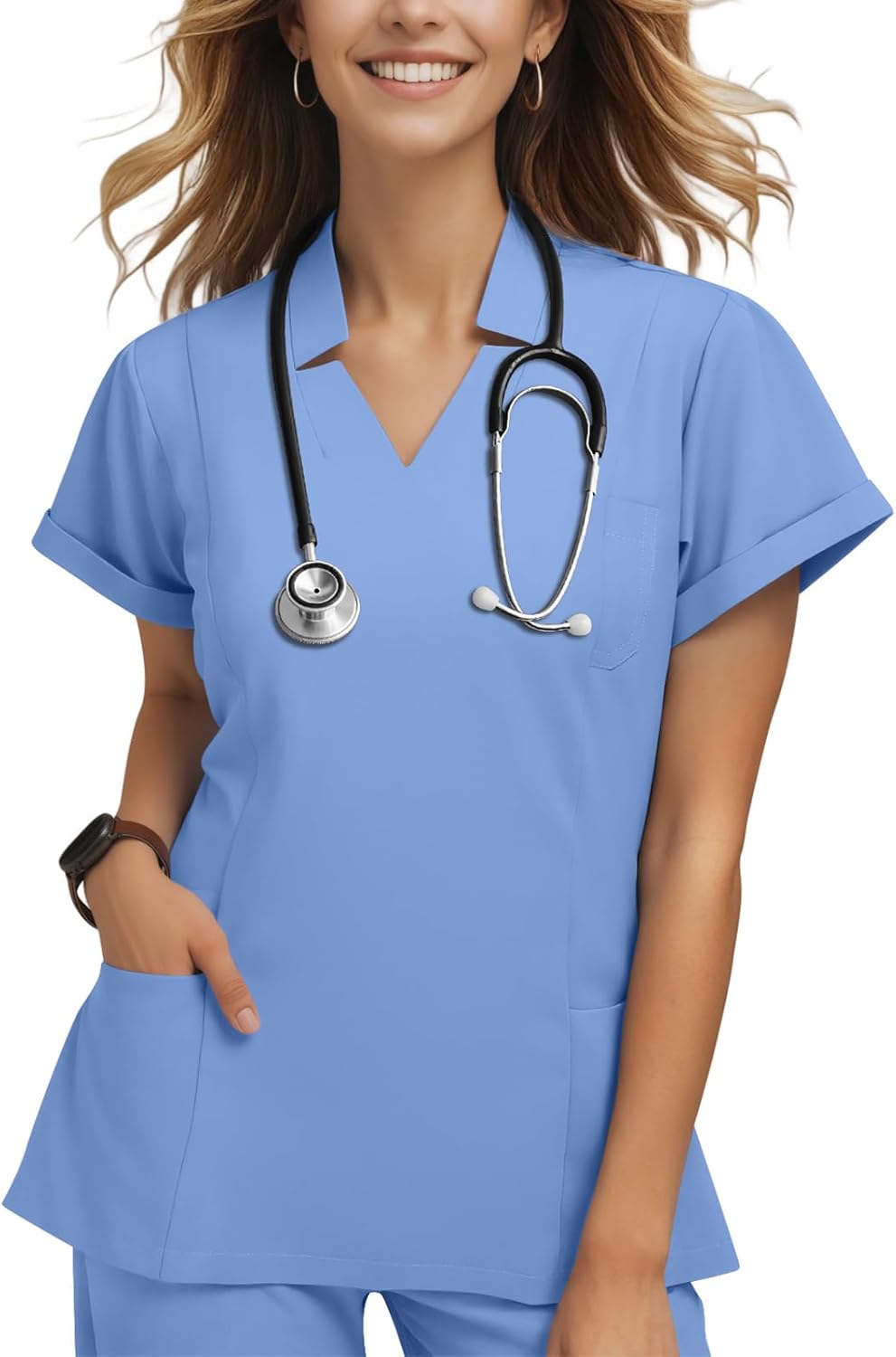 Women's Collared V-Neck Scrub Top, Short Sleeve Stretch Medical Uniform - Ciel Blue