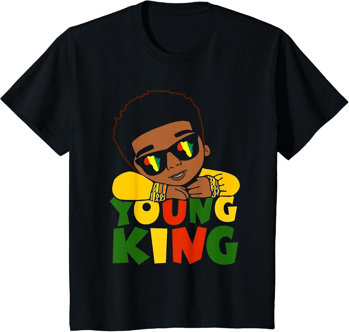 Black Young King Black History Month Kids Afro Boys Men T-Shirt - Black