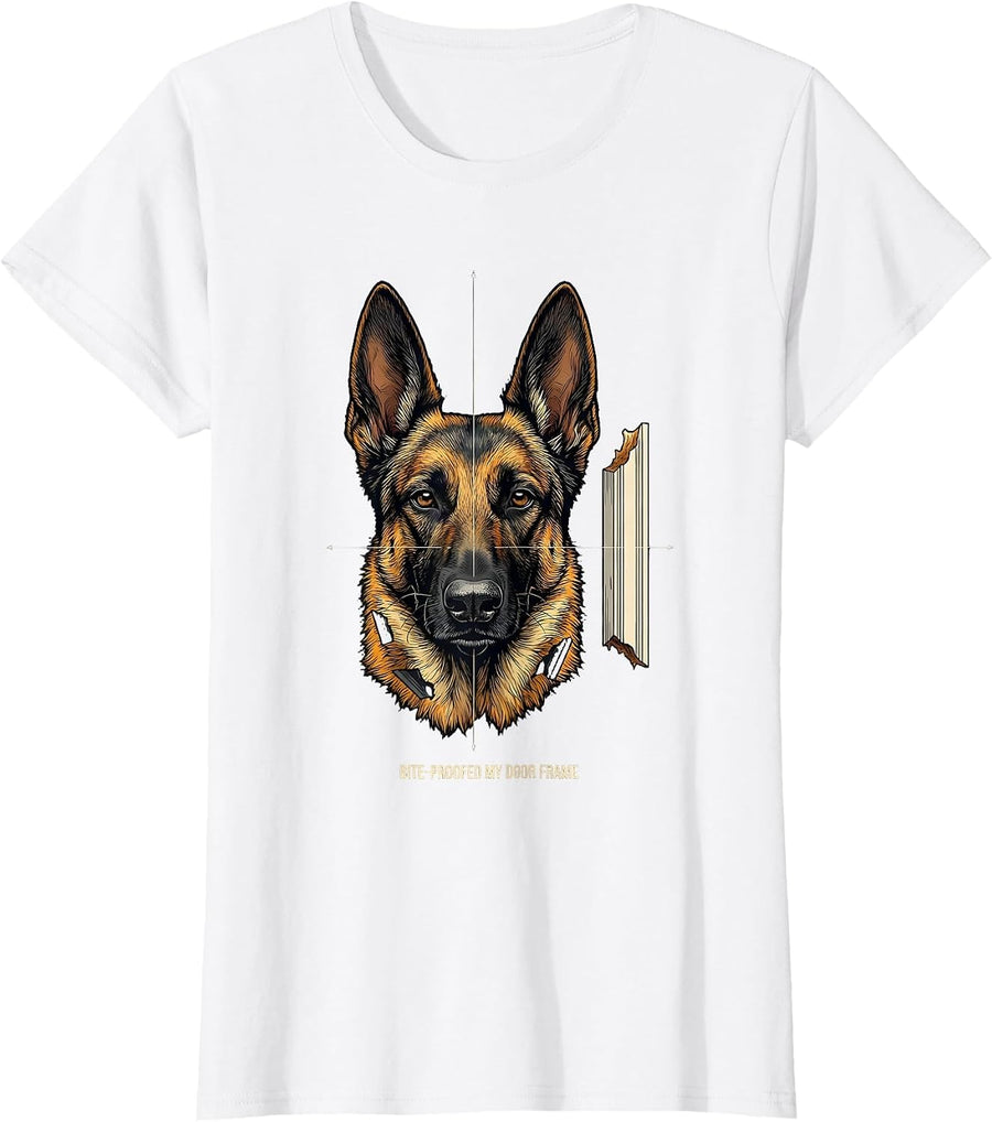Women's Bite-Proofed My Door Frame Funny Belgian Malinois Dog Owner T-Shirt - White