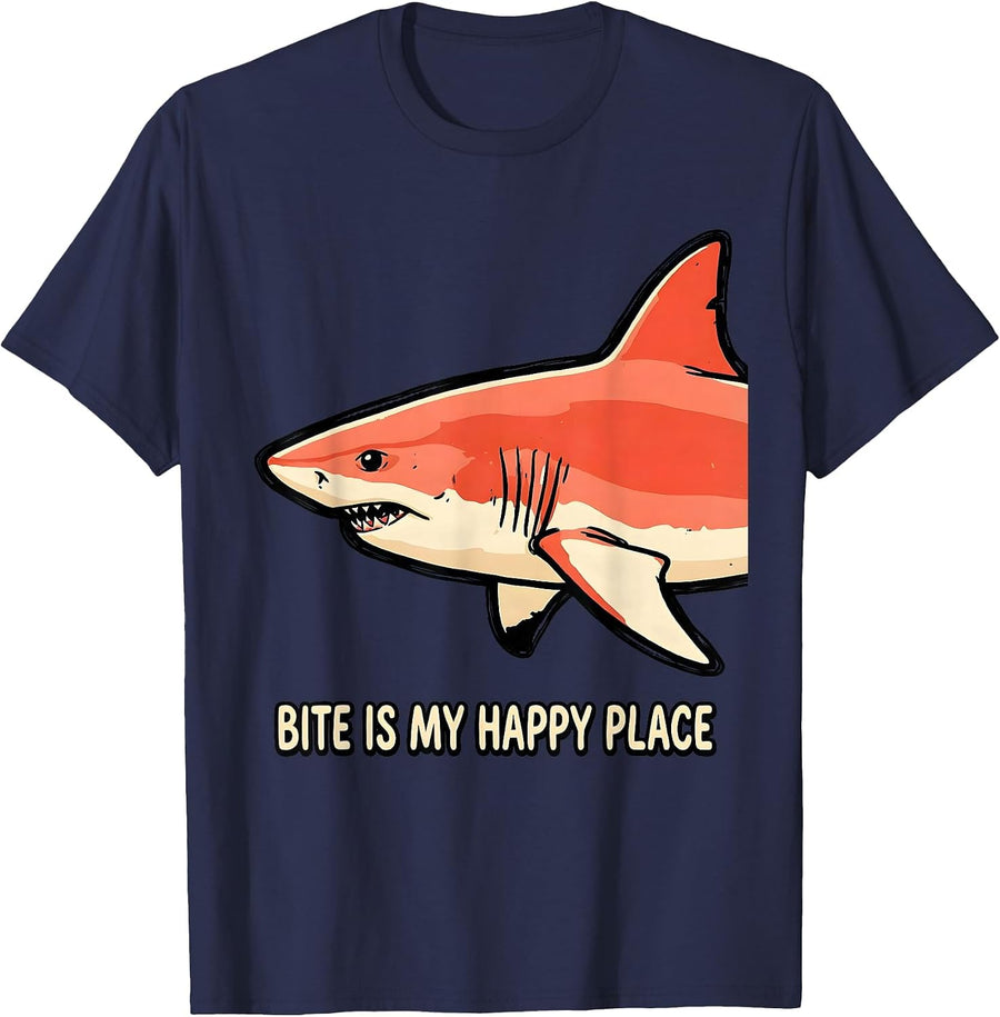 Bite Is My Happy Place Playful Shark Lover Ocean Wildlife T-Shirt - Navy Blue