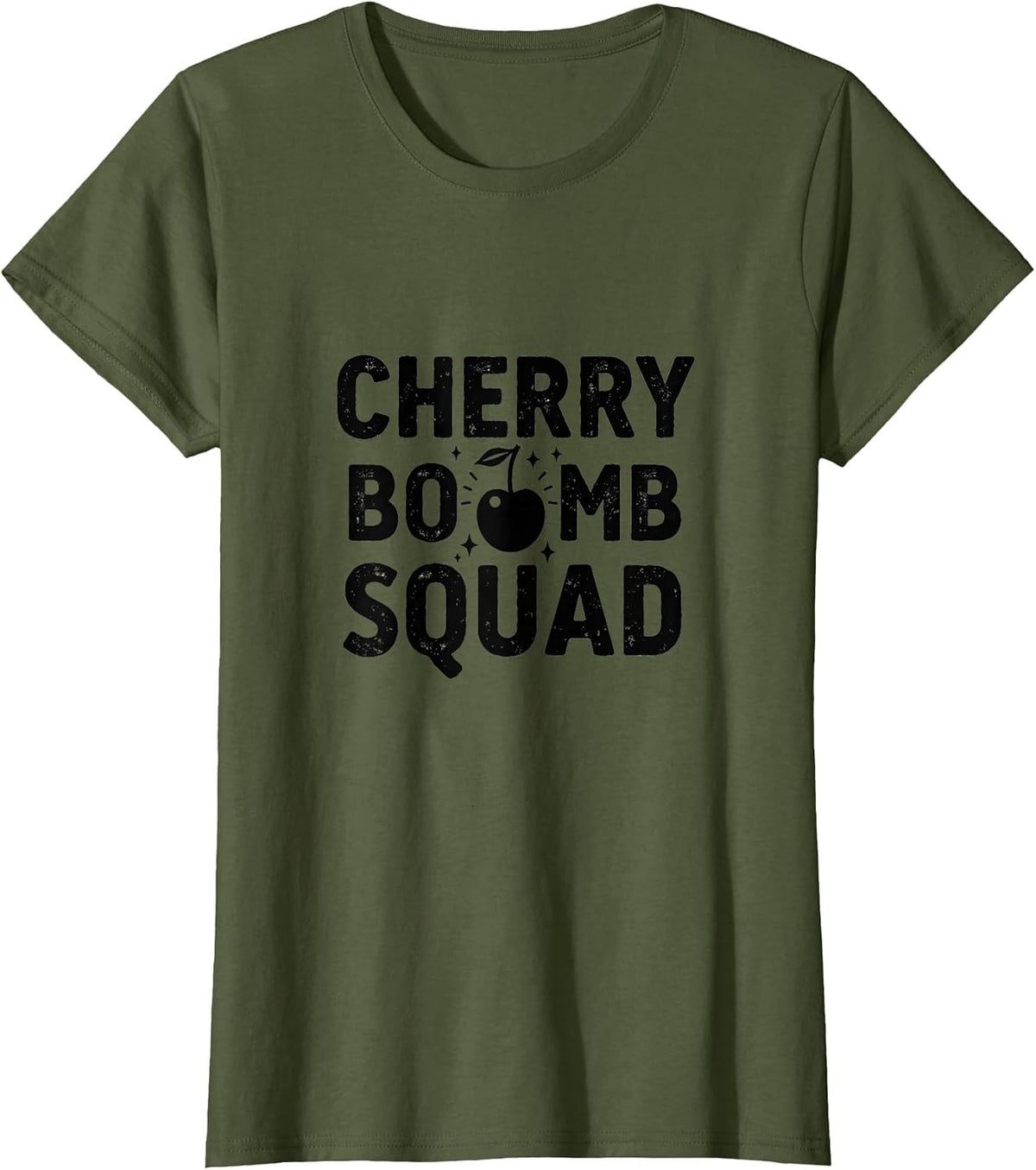Cherry Bomb Squad Bold Graphic Design T-Shirt - Olive Green