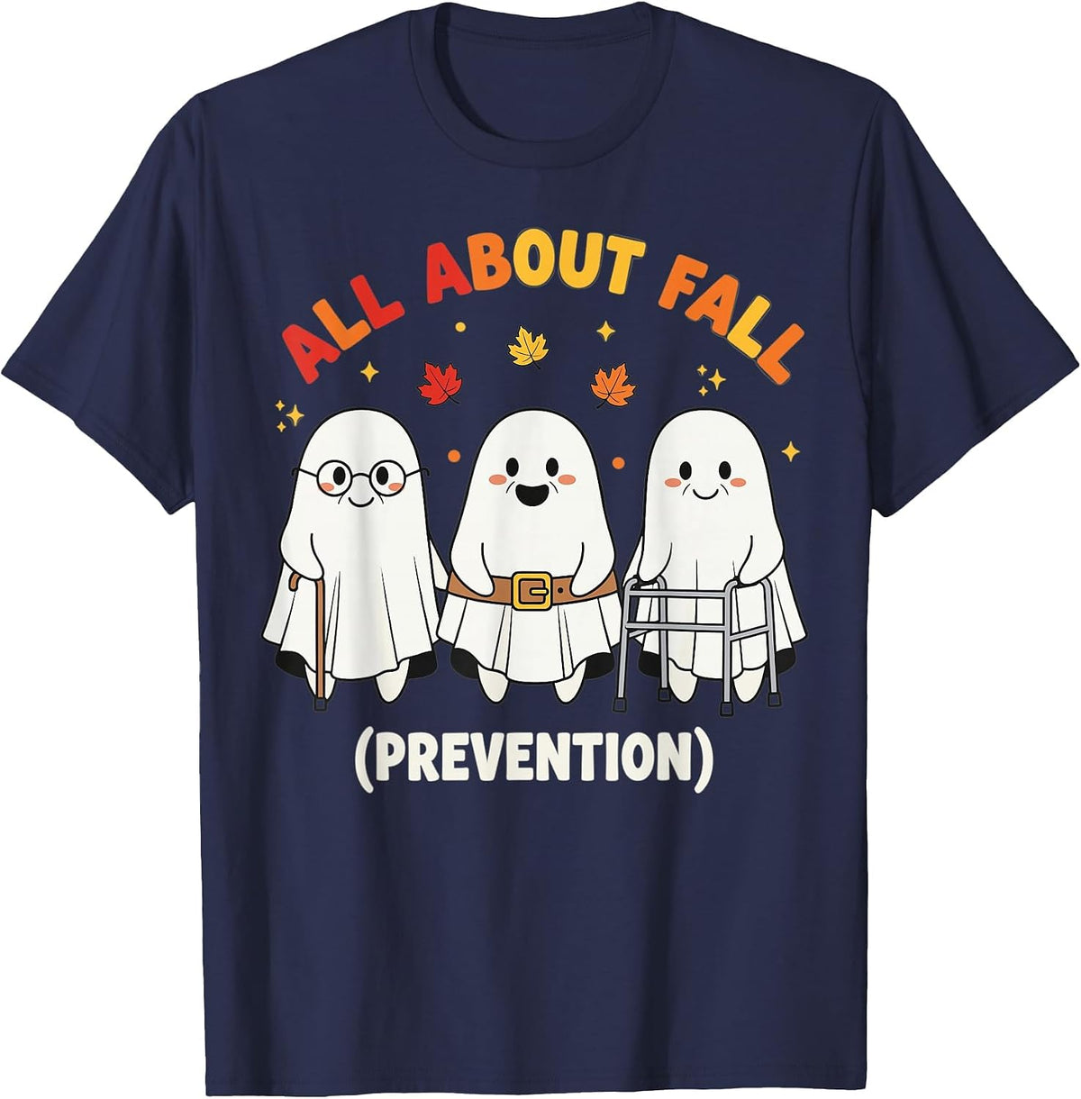 Fall Prevention Funny Ghost Autumn Halloween Joke T-Shirt - Navy Blue