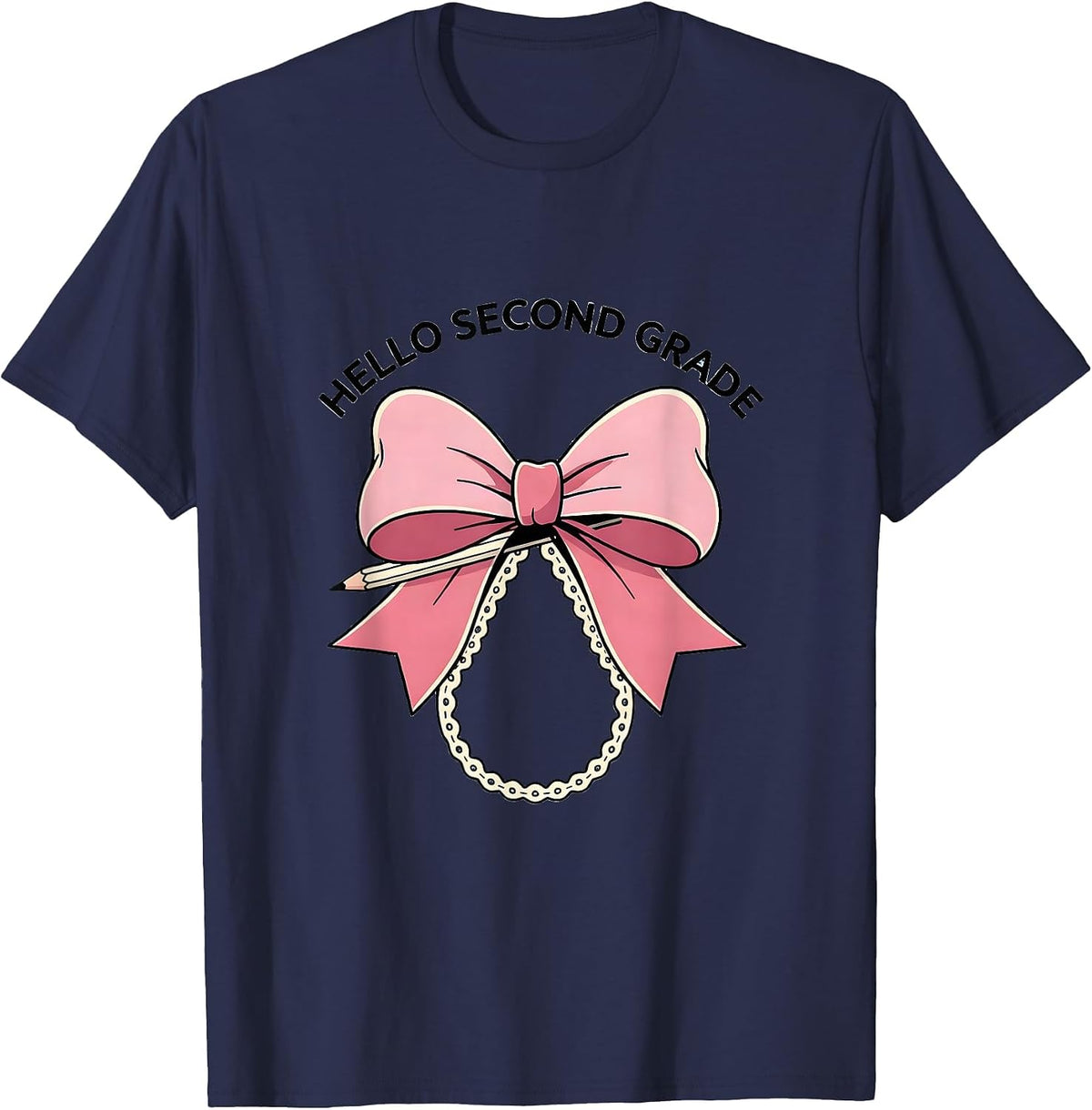 Hello Second Grade Coquette Bow Pencil First Day of School T-Shirt - Navy Blue