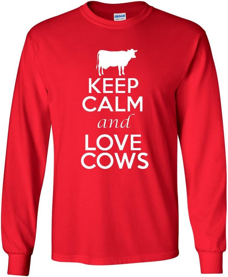 Long Sleeve Adult T-Shirt Keep Calm and Love Cows - Red