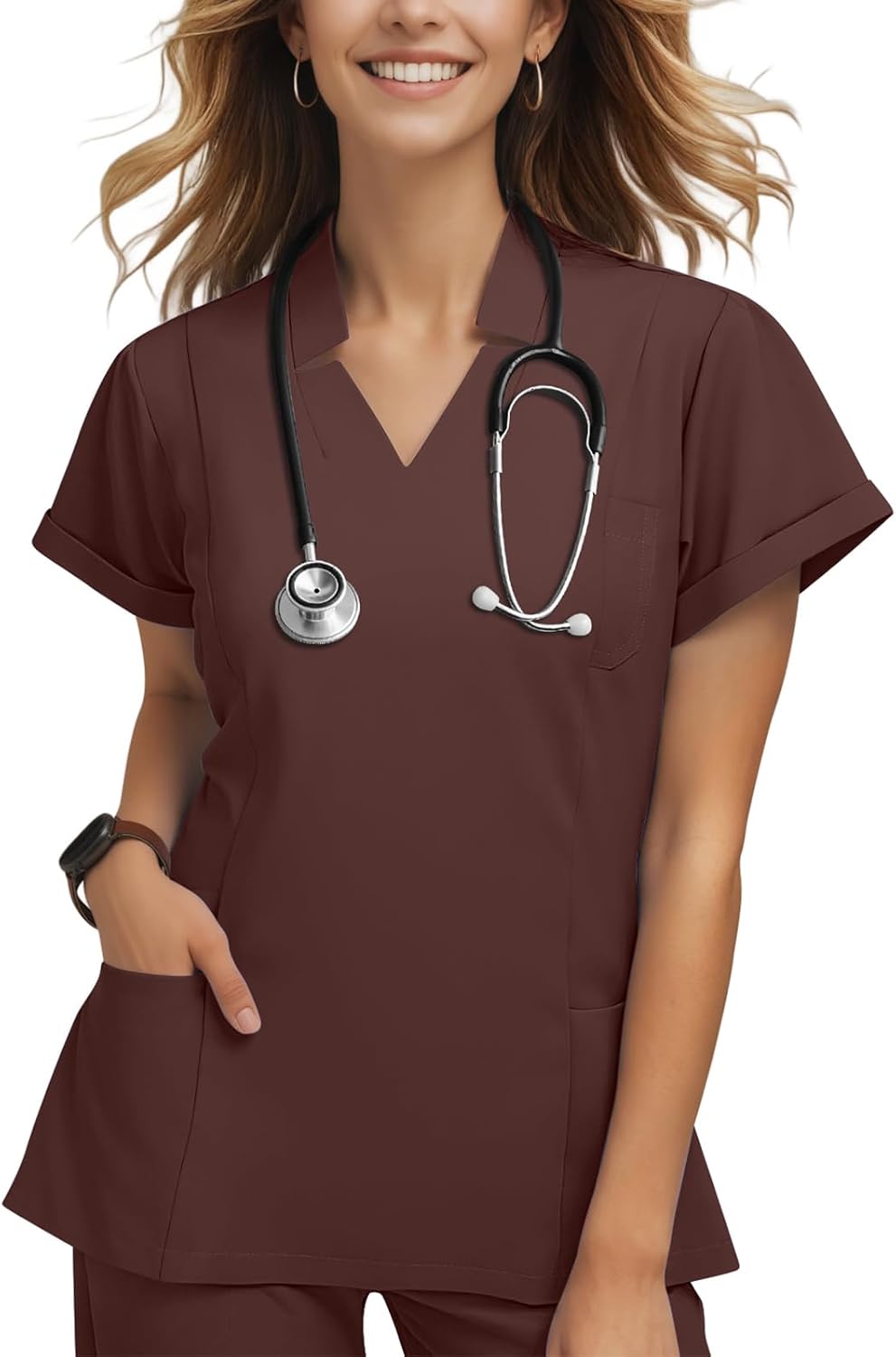 Women's Collared V-Neck Scrub Top, Short Sleeve Stretch Medical Uniform - Brown