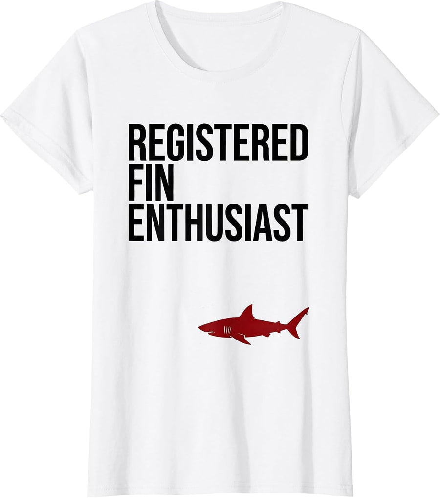 Women's Registered Fin Enthusiast Funny Shark Lover Ocean Wildlife T-Shirt - White