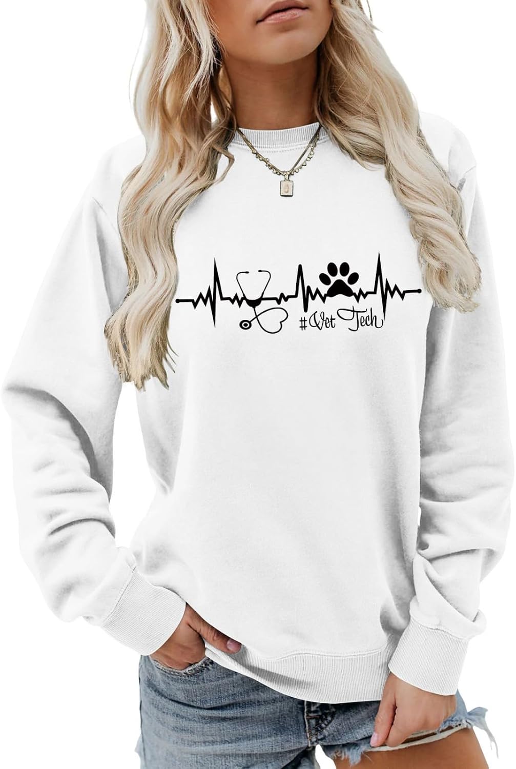 Veterinary Technician Sweatshirt for Women Vet Tech Crewneck Pullover for Veterinary Student Long Sleeve Shirts - White